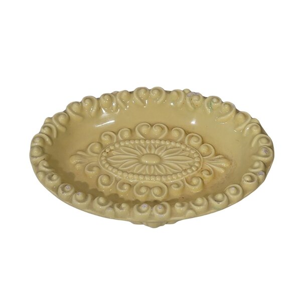 yellow Ornate Oval Footed Regency Glam Ceramic Soap Dish Trinket Tray - Picture 7 of 11